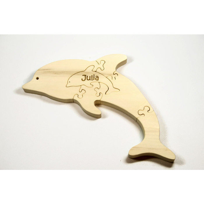 Wooden Dolphin Puzzle with baby Gift for Toddlers and Children Personalized Name for Free - Little Wooden Wonders