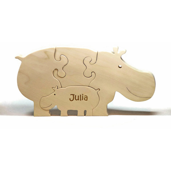 Wooden Puzzle Hippo Hippopotamus with baby Gift for Toddlers and Children Personalized name - Little Wooden Wonders
