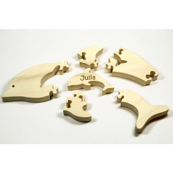 Wooden Dolphin Puzzle with baby Gift for Toddlers and Children Personalized Name for Free - Little Wooden Wonders