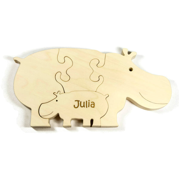 Wooden Puzzle Hippo Hippopotamus with baby Gift for Toddlers and Children Personalized name - Little Wooden Wonders