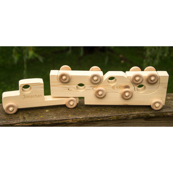 Wooden Toy Truck with Toy Cars - Personalized Toy - Semi Trailer Push Toy for Children and Toddlers - Little Wooden Wonders